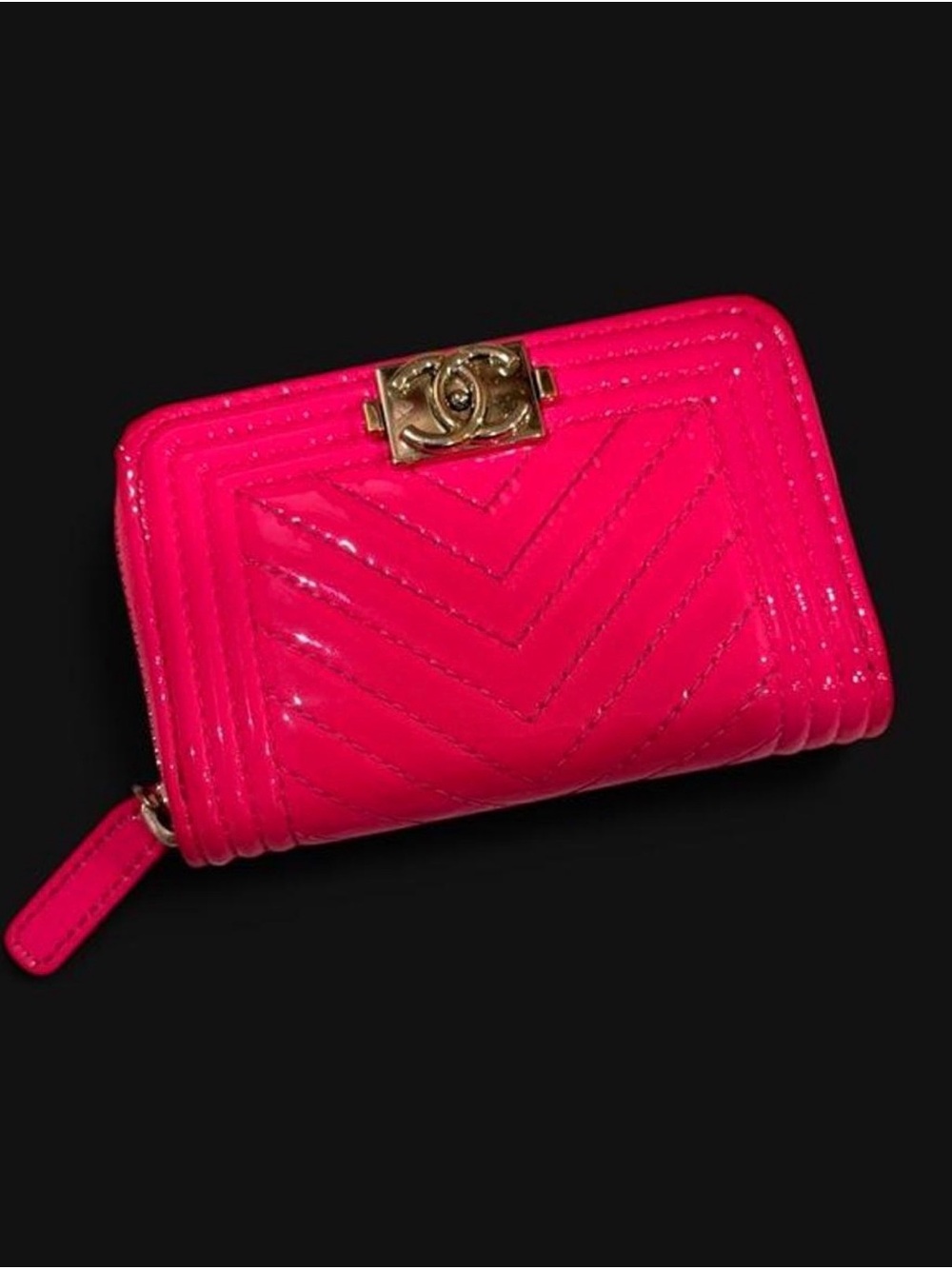 Authentic Chanel Patent Chevron Quilted Zip Around Boy Coin Purse Hot Pink